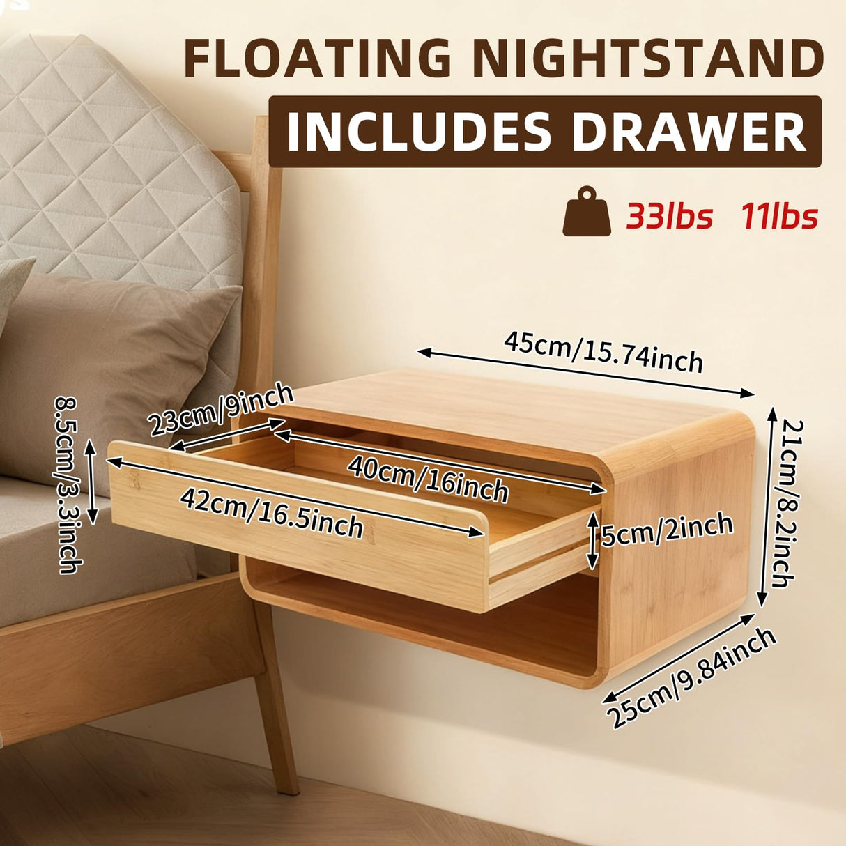 Peakora Bamboo Floating Nightstand with Storage Drawer Wall Mounted Bedside Table End Tables with Open Shelf Small Spaces Wall Mounted Shelf Storage Modern End Table for Bedroom, Natural Peakora