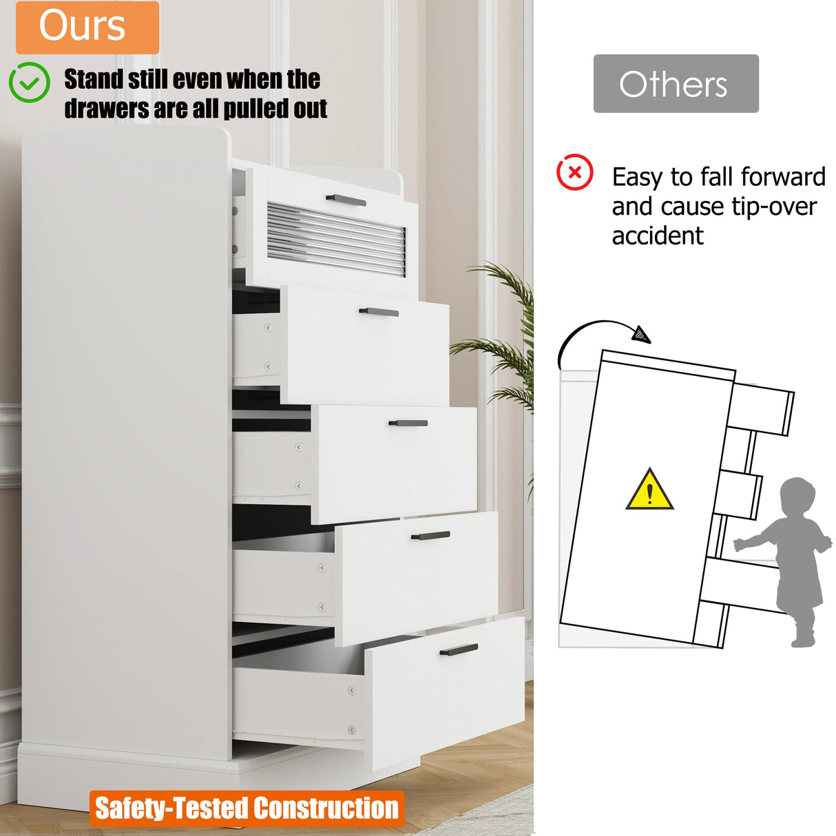 HOSTACK Modern 5 Drawer Dresser for Bedroom, Tall White Dresser Chest of Drawers with Metal Handles, Wood Dresser Storage Cabinet with Anti-Drop Fence & Fluted Glass for Living Room, Entryway, White HOSTACK