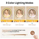 Seventable Vanity Desk with 4 Fabric Drawers, Vanity Table and Chair Set with Power Outlet & LED Strip, Makeup Table with 3 Adjustable Lighting Modes, White Gold Seventable