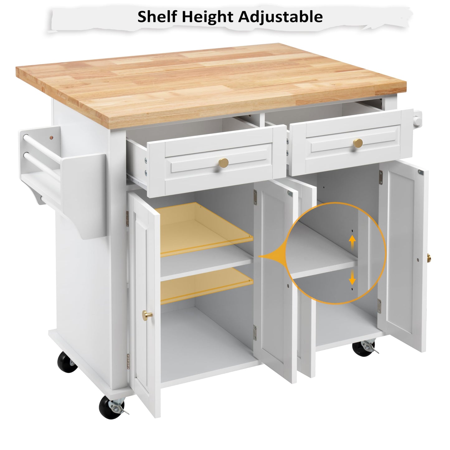 Finnhomy Rolling Kitchen Island With Drop Leaf, Thicken Rubberwood Top, Spice Rack, Towel Rack, Drawer, 43.3" Portable Mobile Kitchen Island Carts Table, Storage Cabinet, Both Wheels and Feet Included