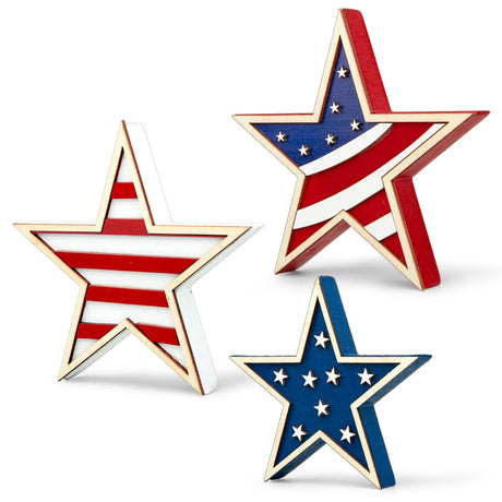 Whaline 4th of July Star Table Decor Patriotic Embossed Stars Stripes Wooden Sign American Flag Tiered Tray Table Centerpiece Farmhouse Wood Block Tabletop for Independence Day Memorial Day, 3Pcs Whaline