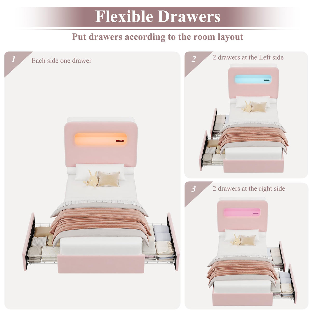 HOSTACK Twin LED Bed Frame with Storage Headboard and Charging Station, Girls Bed Frame with 2 Drawers and USB Ports, Velvet Upholstered Platform Bed Frame with Bookcase, No Box Spring Needed, Pink HOSTACK