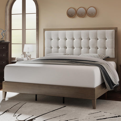 Jocisland Wood Full Size Bed Frame,Tall Upholstered Tufted Headboard, Solid Wood Platform, No Box Spring Needed, Ash Gray Jocisland