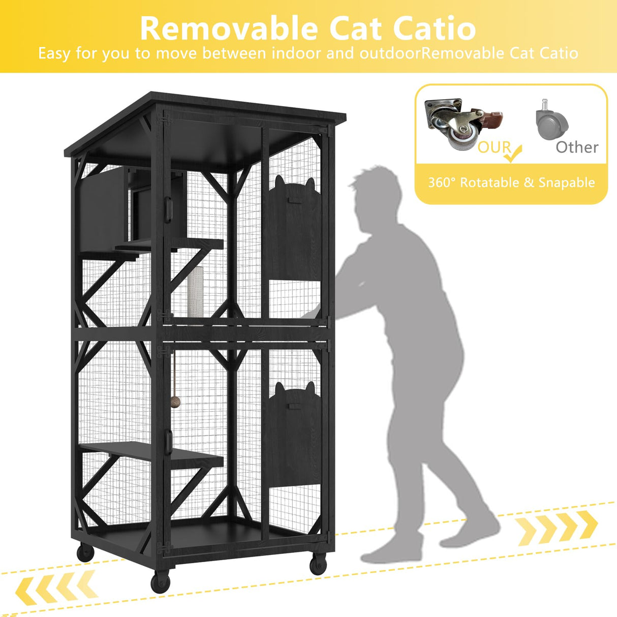 MODCART Catio Outdoor Cat Enclosure with Roof 71" Height Large Wooden Cat Cage with 3 Jumping Platforms and 1 Napping Houses for Cat (Black) MODCART