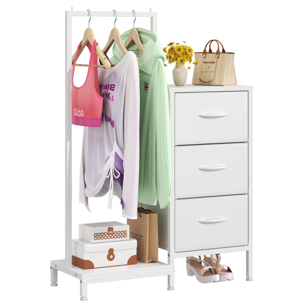 AFLUI Dresser for Bedroom with Hanging Rack, 3 Drawers Dresser for Bedroom - White AFLUI