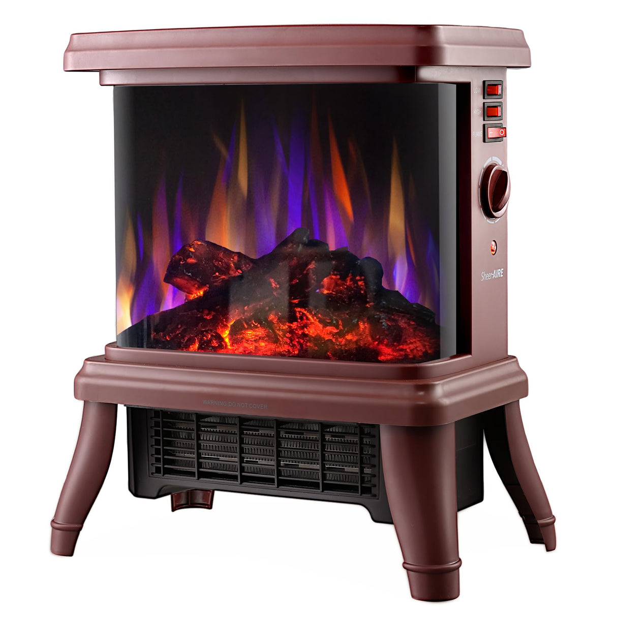 18“ Panoramic Window 1500W/1650W Electric Wood Stove Fireplace with Flame Effect, 4 in 1 Freestanding Indoor Space Heater. 3S of Rapid Heat. Fully Curved 3D Panoramic Flame Effect,Red Brown SheerAIRE