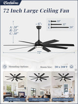 Fanbulous 72 Inch Ceiling Fans with Lights, Large Black Ceiling Fans with Remote, Farmhouse Modern Ceiling Fan Fixtures with Bright LED Light for Living Room, Bedroom, Kitchen Fanbulous