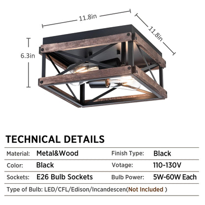 MAYNA 2-Light Industrial Ceiling Light Fixtures, Farmhouse Flush Mount Ceiling Light, Metal and Wood Square Dining Room Light Fixture for Hallway Bedroom Balcony Farmhouse,Black