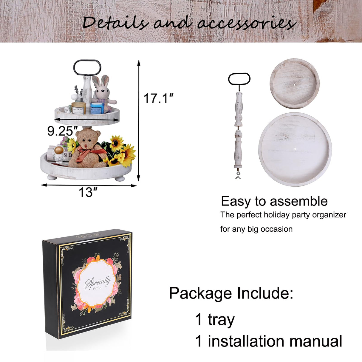 2 Tier Tray Rustic Cake Stand Farmhouse Kitchen Decor Centerpiece,Farmhouse 2 Tier Serving Tray with Handle for Coffee Bar SWT8CAI