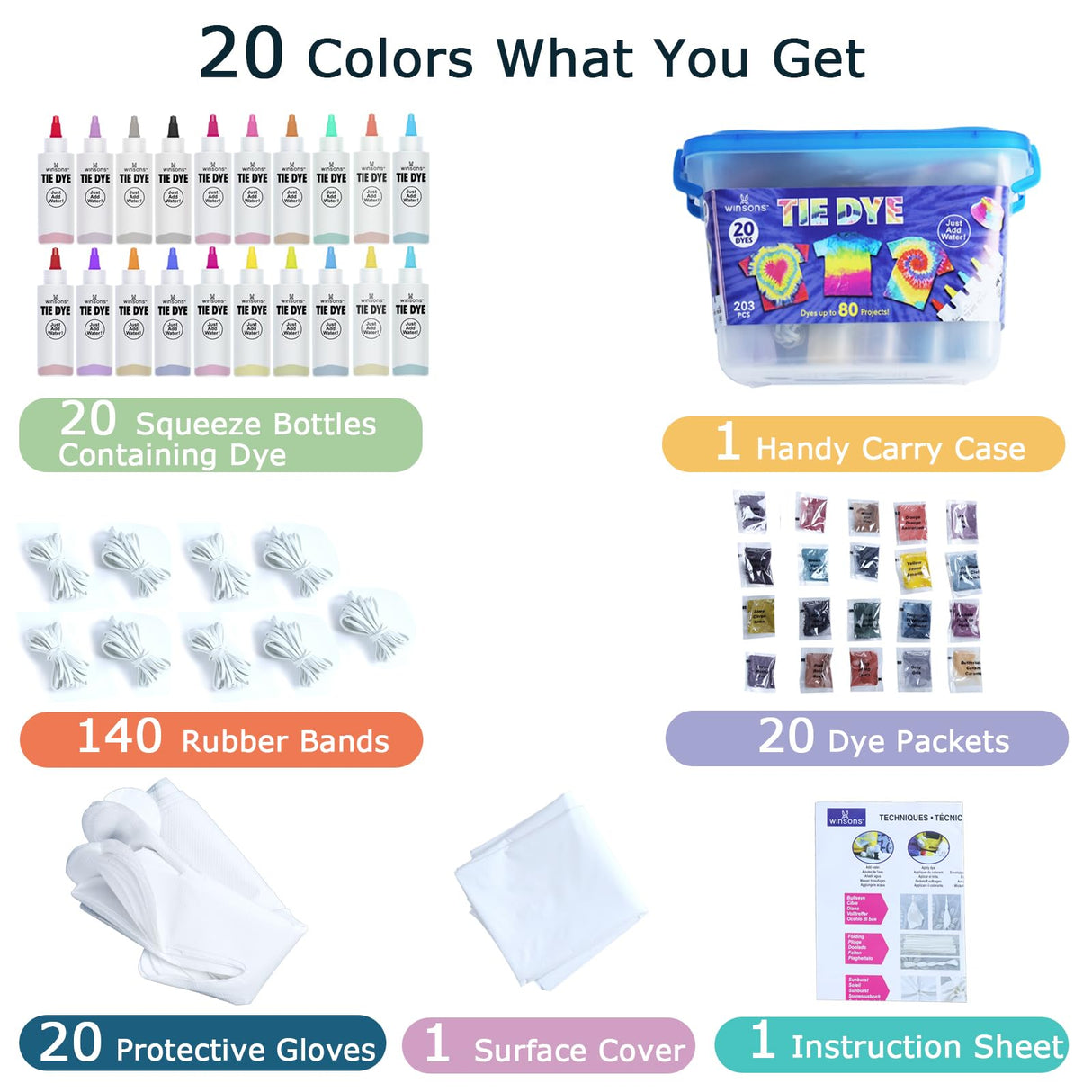 WINSONS Tie Dye Kit 20 Colors Permanent Fabric Dye Art Set for Kids Adults for School, Homemade Party, Creative Groups Activities, DIY Gift WINSONS