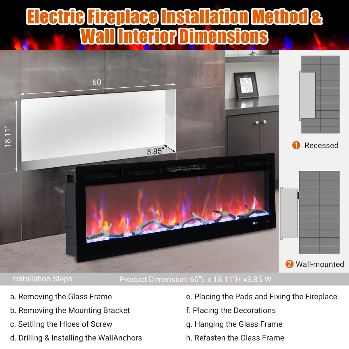 GarveeHome 60" Electric Fireplace Heater, Wall-Mounted & Recessed Fireplace, Multicolor Flame, WiFi-Enabled Electric Fireplace Insert, 12 Realistic Flame Options, 1500W Heater w/Thermostat, Black GarveeHome