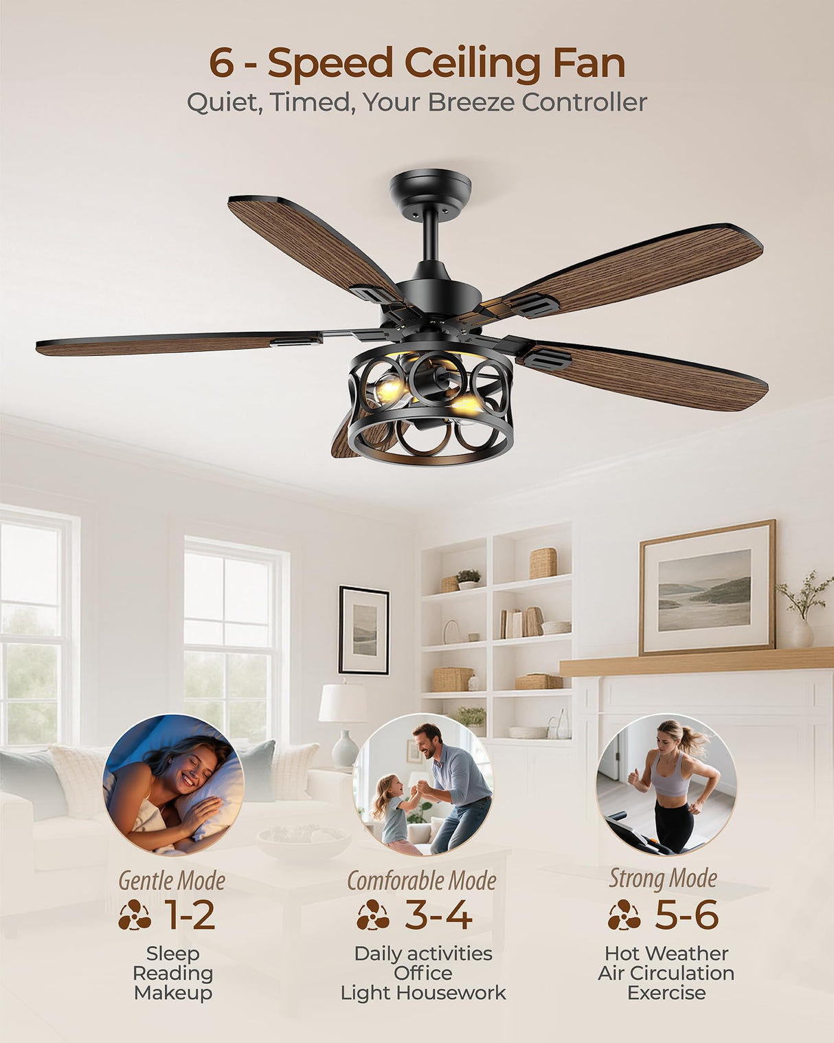 Ceiling Fans with Lights and Remote, 52'' Vintage Caged Ceiling Fan with Light, 5 Blades, 6+1 Speed, Flush Mount Ceiling Fan Whisper-quiet for Farmhouse, Living Room, Kitchen and Porch (52 Inch) BLNAN