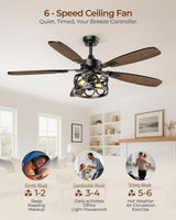 Ceiling Fans with Lights and Remote, 52'' Vintage Caged Ceiling Fan with Light, 5 Blades, 6+1 Speed, Flush Mount Ceiling Fan Whisper-quiet for Farmhouse, Living Room, Kitchen and Porch (52 Inch) BLNAN