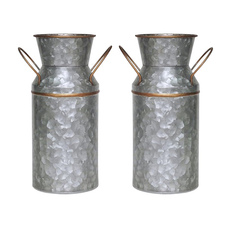 Hosley Set of 2 Galvanized and Gold Milk Can/Jug Farmhouse Décor, 9.25" H Country Metal Flower Rustic Jug for Artificial Flower, Vintage Charm with Versatile Home Accent Floral Arrangements Hosley