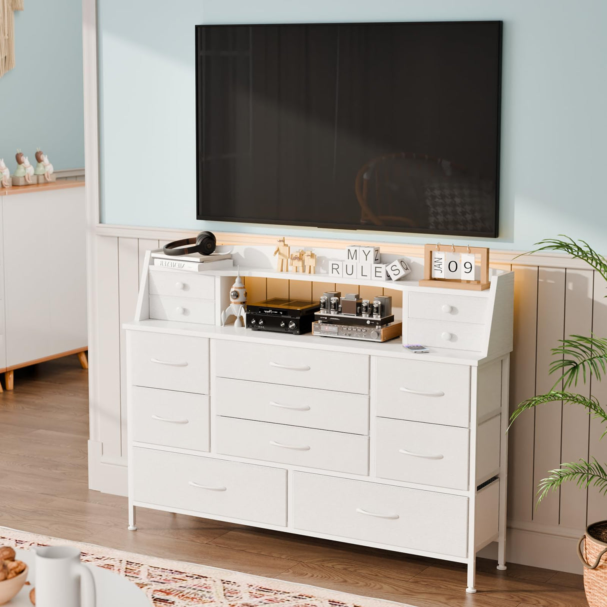 Fixwal White Dresser for Bedroom with 13 Drawers, Fabric Chest of Drawers with PU Finish for Kids, Girls, Adults, Nursery, Living Room, Closet, Entryway, Hallway (No LED Lights) Fixwal