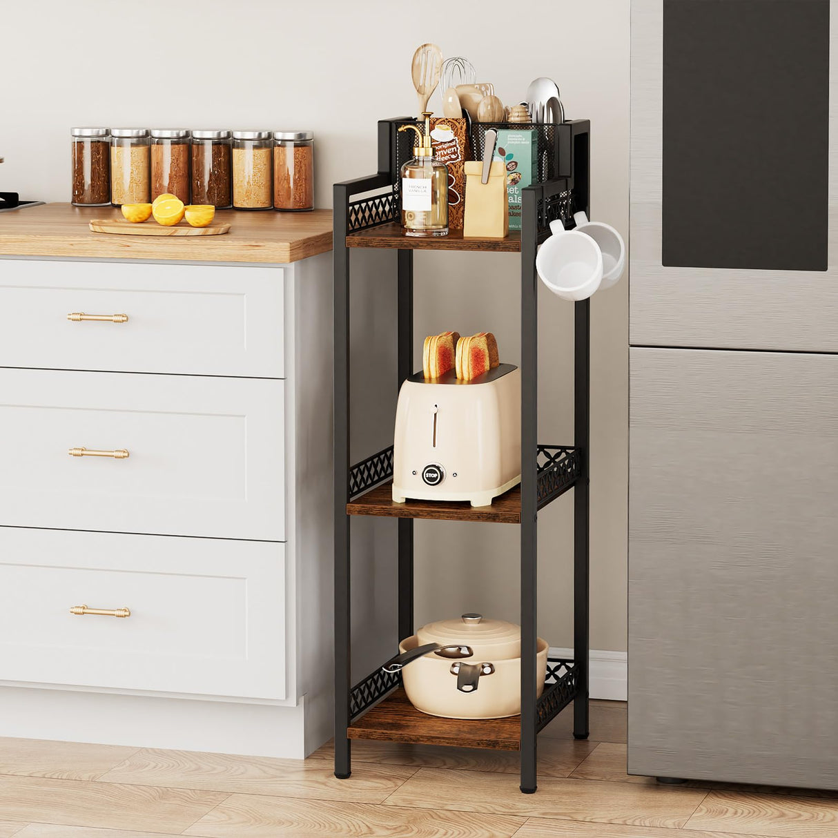 FURFUN 3-Tier Bathroom Shelf Organizer with Hair Dryer Holder and Toilet Paper Hook, 9.85" Slim Metal Stand for Small Spaces, Holds 50lbs - Freestanding Storage for Towels, Toiletries FURFUN