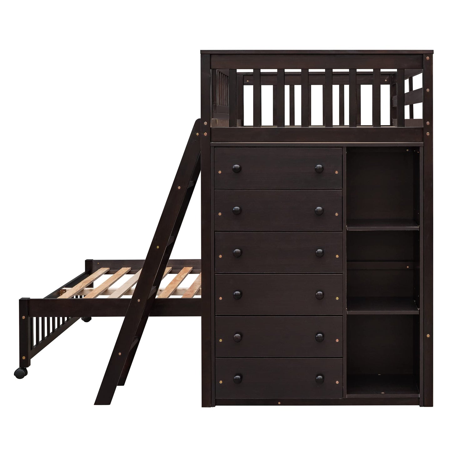 Harper & Bright Designs Twin Over Full Bunk Bed with Storage and Removable Lower Bed in Espresso - WoodArtSupply