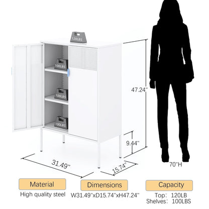 Ustamio White Metal Storage Cabinet with Doors and Shelves, 3 Tier Metal Office Storage Cabinet, Metal Locker Storage Cabinet for Home, Office, Living Room and Entryway - WoodArtSupply