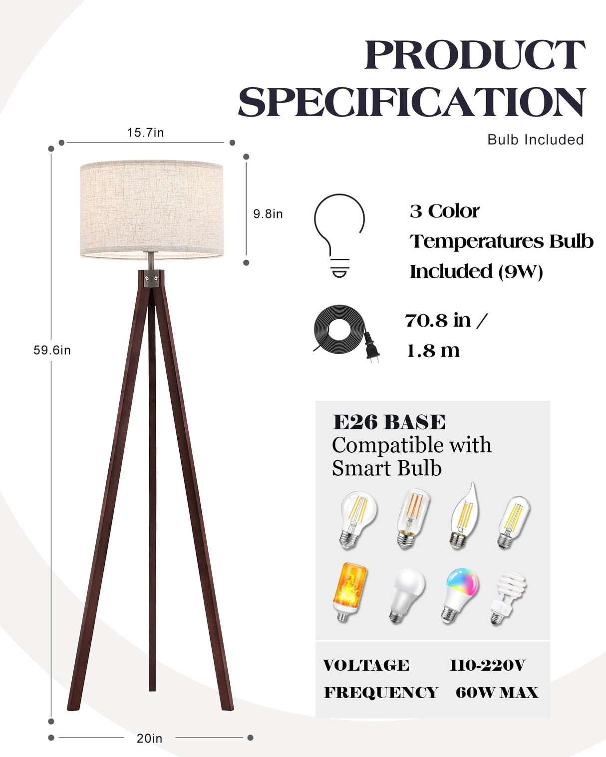 ELYONA Wood Tripod Floor Lamp, Mid Century Modern Reading Standing Light, Tall Studying Light with 3 Color Temperatures LED Bulb & Nature Linen Shade for Farmhouse Living Room Bedroom Office, Walnut ELYONA