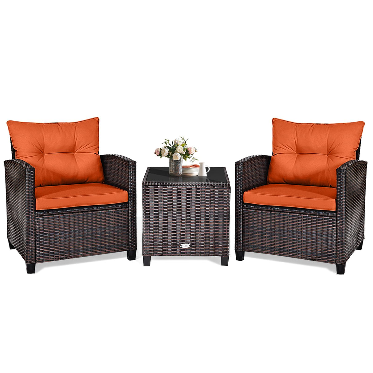 KOTEK 3 Piece Patio Furniture Set, Outdoor Conversation Set with Washable Cushions & Tempered Glass Tabletop, PE Rattan Wicker Bistro Set for Porch, Garden, Balcony (Orange) KOTEK