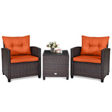 KOTEK 3 Piece Patio Furniture Set, Outdoor Conversation Set with Washable Cushions & Tempered Glass Tabletop, PE Rattan Wicker Bistro Set for Porch, Garden, Balcony (Orange) KOTEK