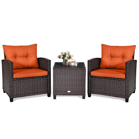 KOTEK 3 Piece Patio Furniture Set, Outdoor Conversation Set with Washable Cushions & Tempered Glass Tabletop, PE Rattan Wicker Bistro Set for Porch, Garden, Balcony (Orange) KOTEK