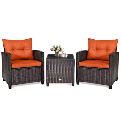 KOTEK 3 Piece Patio Furniture Set, Outdoor Conversation Set with Washable Cushions & Tempered Glass Tabletop, PE Rattan Wicker Bistro Set for Porch, Garden, Balcony (Orange)
