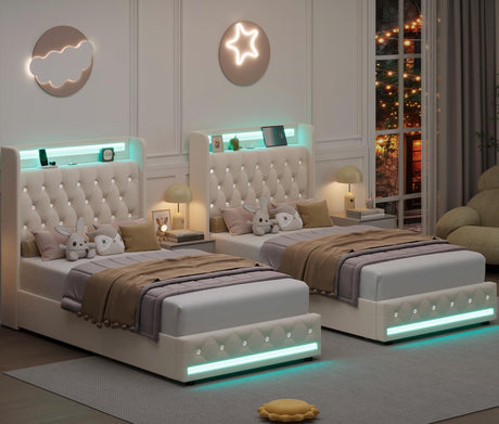HIFIT Set of 2 Upholstered Twin Size LED Bed Frame with Charging Station & 4 Storage Drawer, Velvet Crystal Button-Tufted Wingback Headboard, Girls Twin Platform Bed Frame for Kids with Storage, Beige HIFIT