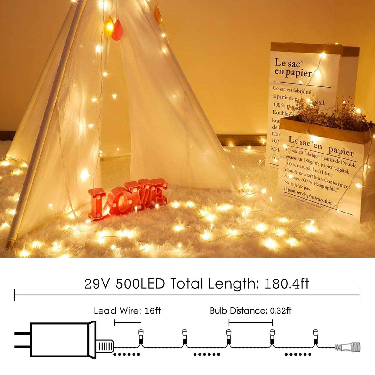 Super-Long 180FT 500 LED Christmas String Lights Indoor/Outdoor, Waterproof Warm White Christmas Lights, 8 Modes Led String Fairy Lights Decorative for Wedding Party Patio Garden Christmas Tree SANJICHA