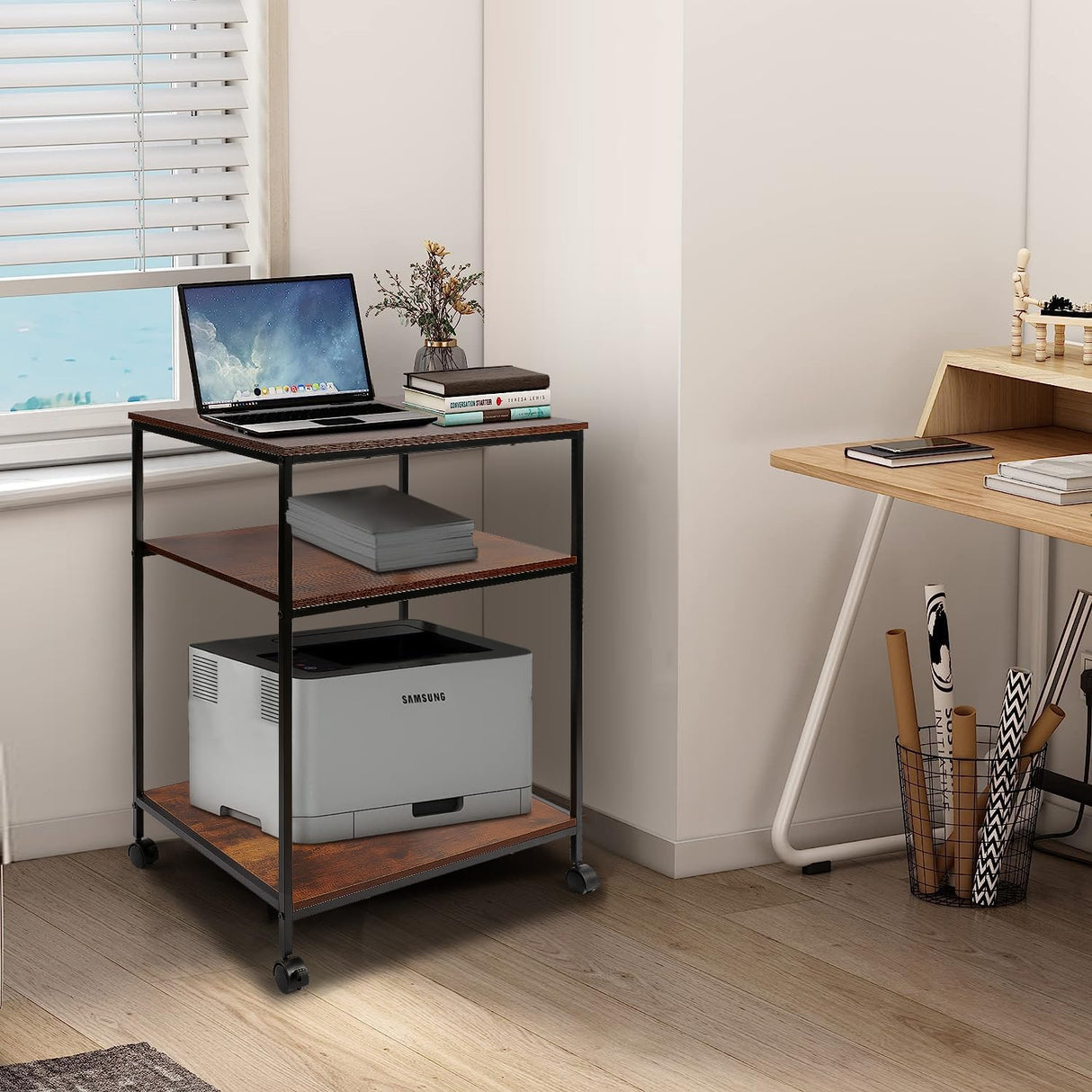 EMERIT Large Printer Stand, 23.6" W x 18.9" D x 31.5" H Printer Table with Adjustable Storage Shelf, 3 Tier Rolling Laser Printer Cart with Wheels for Home Office- Support 100 LBS Each Tier EMERIT