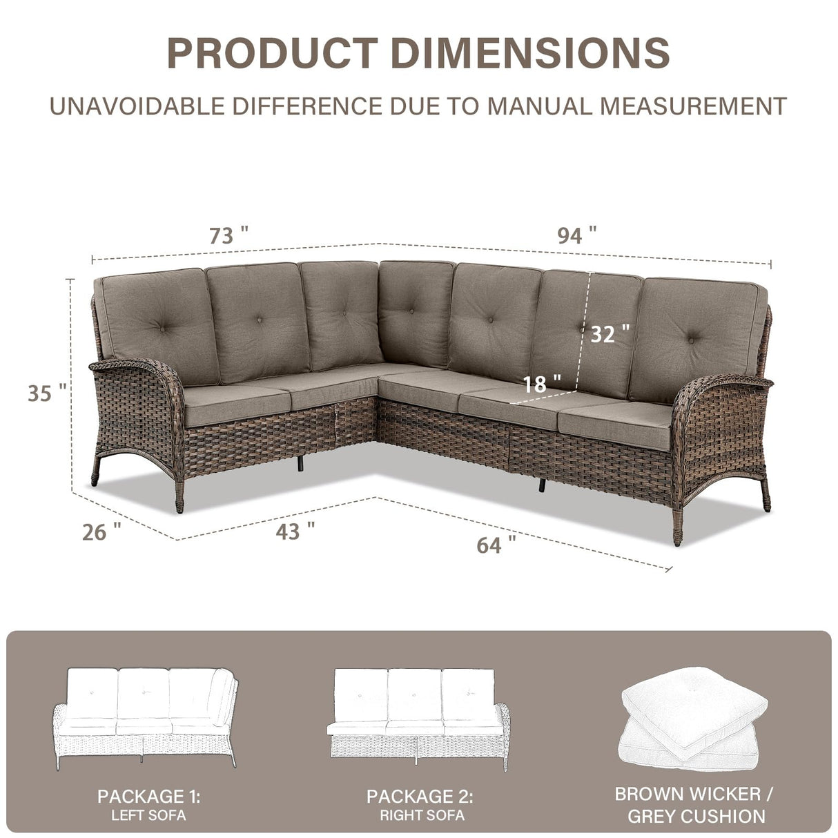 Belord 6-Seater Outdoor Sectional Sofa L Shaped Couch Patio Conversation Furniture Set, PE Wicker Patio Sectional Sofa with Removable Gray Cushion for Deck Backyard Sunroom Belord