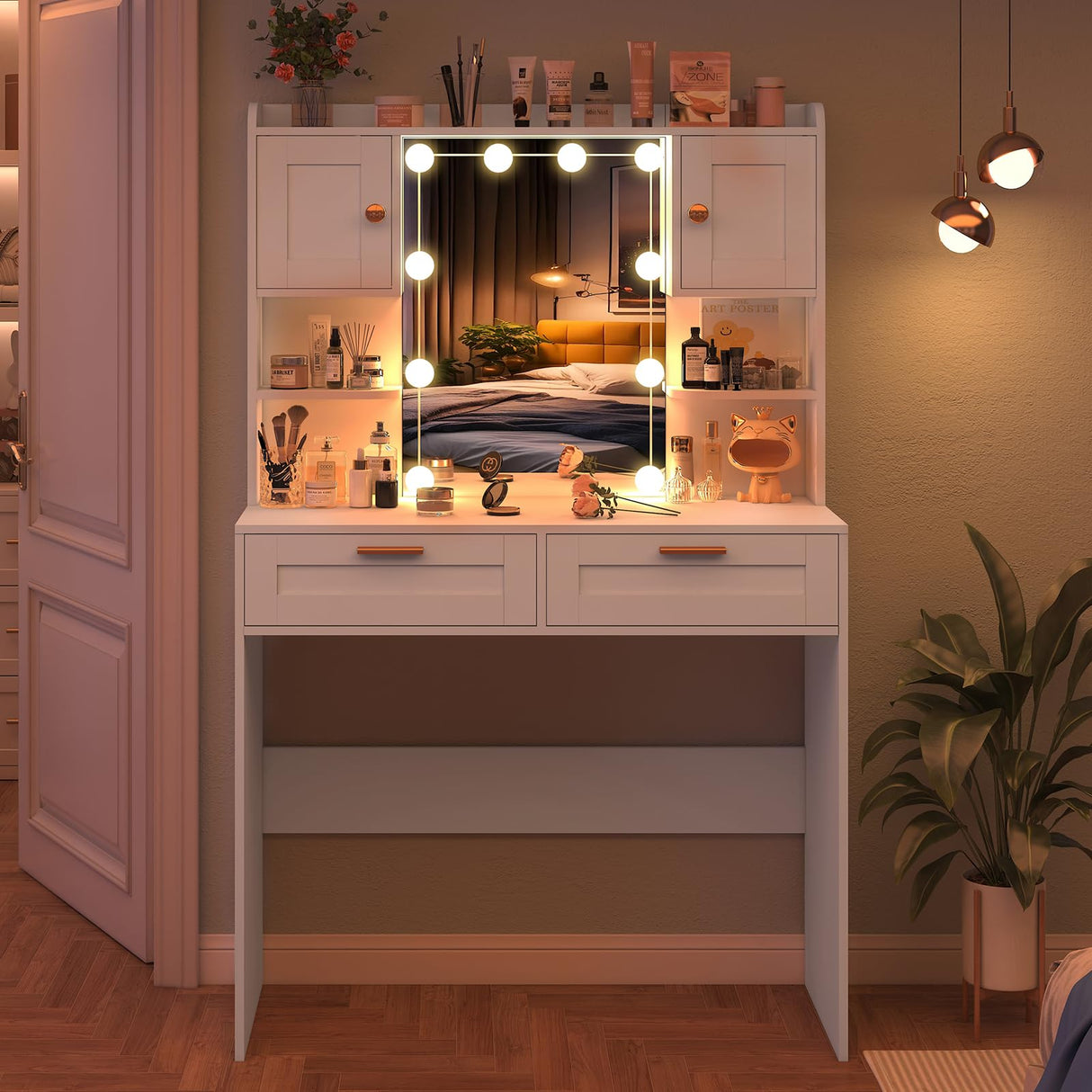 usikey Vanity Desk with Mirror and Lights, Makeup Vanity Table with 2 Drawers, 2 Cabinets & 2 Shelves, Vanity Desk, Vanity Table for Girls Women, Bedroom, White usikey