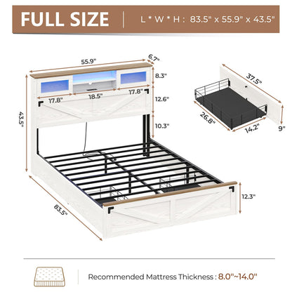 Hasuit Full Size Farmhouse Bed Frame with Bookcase Headboard, Sliding Door, LED Lights, and Storage Drawers in White & Brown - WoodArtSupply