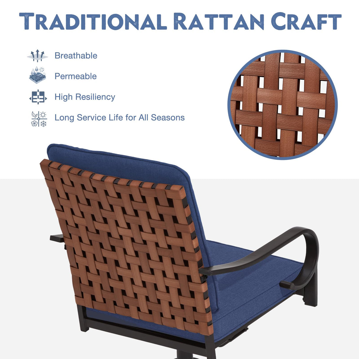 MELLCOM 5-Piece Outdoor Dining Set, 4 Swivel Leather-Look Chairs with Cushions & Square Dining Table with Umbrella Hole, Patio Furniture Set for Porch, Garden, Backyard, Poolside, Deck, Blue MELLCOM