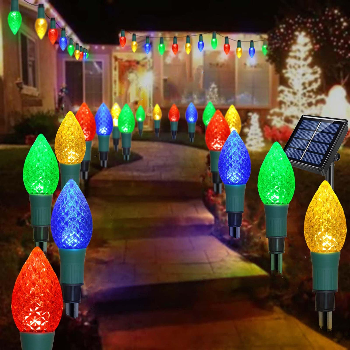 Newest Version 2 in 1 Outdoor Christmas Decorations and Solar Christmas Lights, 20-Pack Waterproof Solar C9 Strawberry Christmas Garden Stake Lights for Christmas Tree Garden Patio Yard Pathway Windpnn
