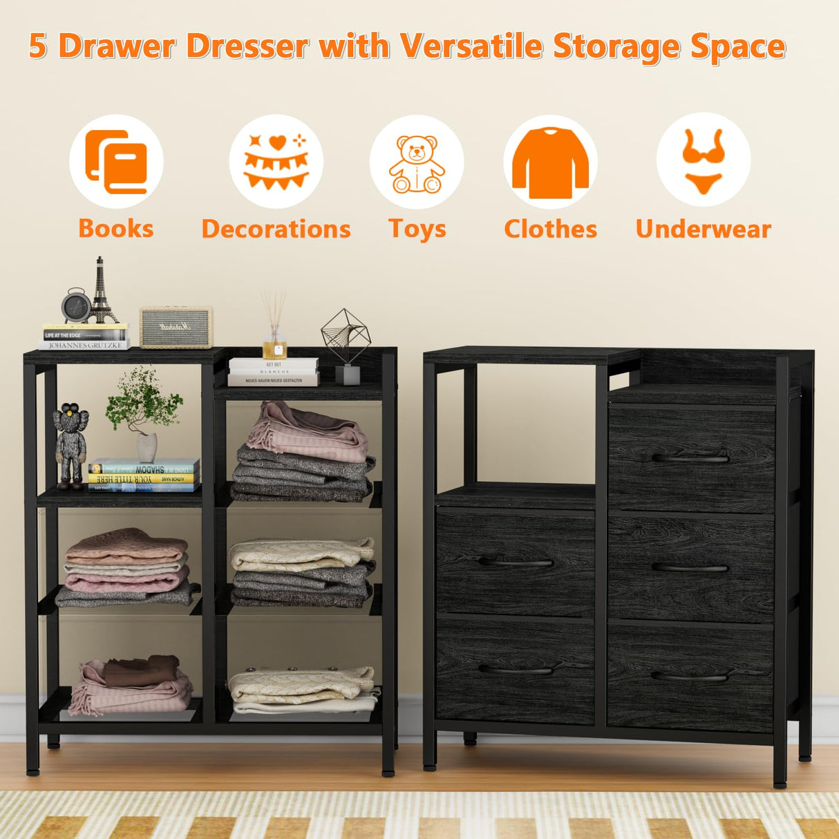 Furnulem 5 Drawer Black Dressers for Bedroom 2 Tier Shelf Storage Small Fabric Dresser for Closet Sturdy Metal Frame Modern Dresser Bedroom Dresser with Drawers for Hallway Rooms Furnulem