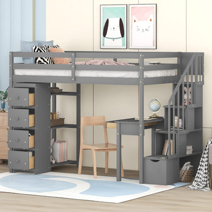 Bellemave Twin Loft Bed with Stairs, Desk, and Storage Drawers - Modern Gray Wood Frame for Kids and Teens - WoodArtSupply