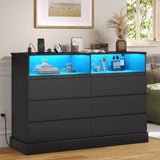 Hasuit Black Dresser for Bedroom with LED Lights and Charging Station, 51.2" Long Dresser Chest of Drawers with Large Drawers and Open Space, Modern 6 Drawer Dresser for Bedroom, Living Room, Entryway Hasuit