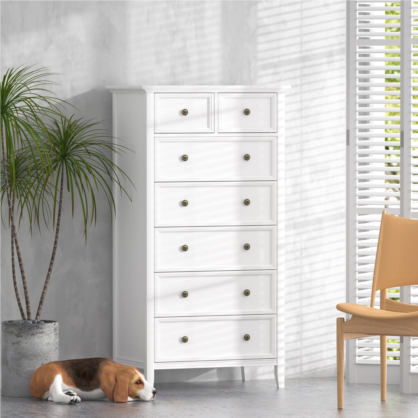 IKENO White 7 Drawer Tall Dresser, Tall Solid Wood Large Storage Cabinet, Modern Simple White Tall Chest of Drawer for Bedroom Living Room Hallway Entryway (White) - WoodArtSupply