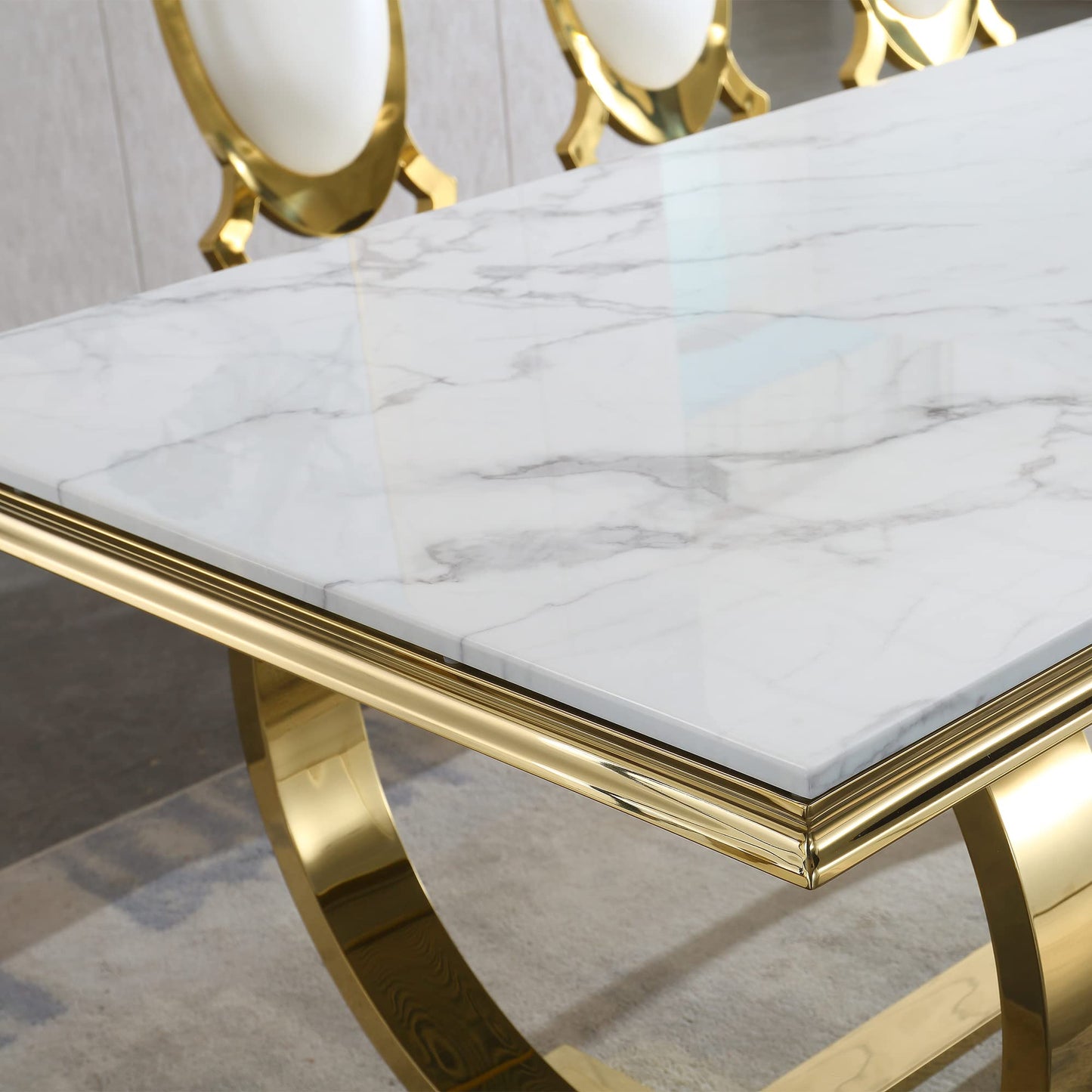 Henf 78.7" Luxury Marble Dining Table for 6-8 People White Gold Genuine Marble Kitchen Table with Mirrored Finish Stainless Steel Base, Contemporary Modern Large Long Dining Room Table (Table - WoodArtSupply