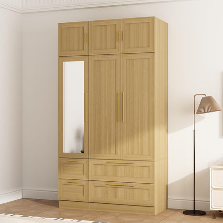 FUNISIR Wardrobe Closet with Mirror, 86.7”H Armoire Wardrobe Closet with 6 Doors & 4 Drawers, Wooden Bedroom Armoire with Hanging Rod, Modern Large Capacity Clothing Cabinet, Wood Color FUNISIR