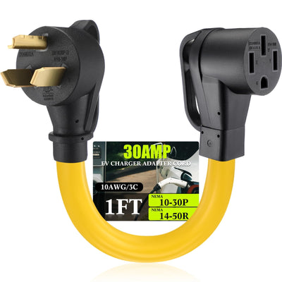 Tellegloww EV Charger Adapter Cord Compatible with NEMA 10-30P to 14-50R, 30 Amp Dryer to 50 Amp EV for Level 2 Charging, 4 Prong to 3 Prong Power Extension Cord with Handle, ETL Listed(1ft)