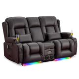 URRED Power Reclining Loveseat Sofa with Console, RV Couch Loveseat Recliner Sofa with Massage & Heat, LED Light, Cupholders, Bluetooth Speakers, USB Charge Ports, Outlets, Faux Leather, Dark Brown URRED