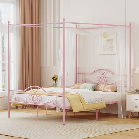 Weehom Full Canopy Bed Frame with Headboard and Footboard, Four-Poster Metal Canopied Platform Bed Mattress Foundation Underbed Storage Space No Box Spring Needed for Girls Adults Pink Weehom