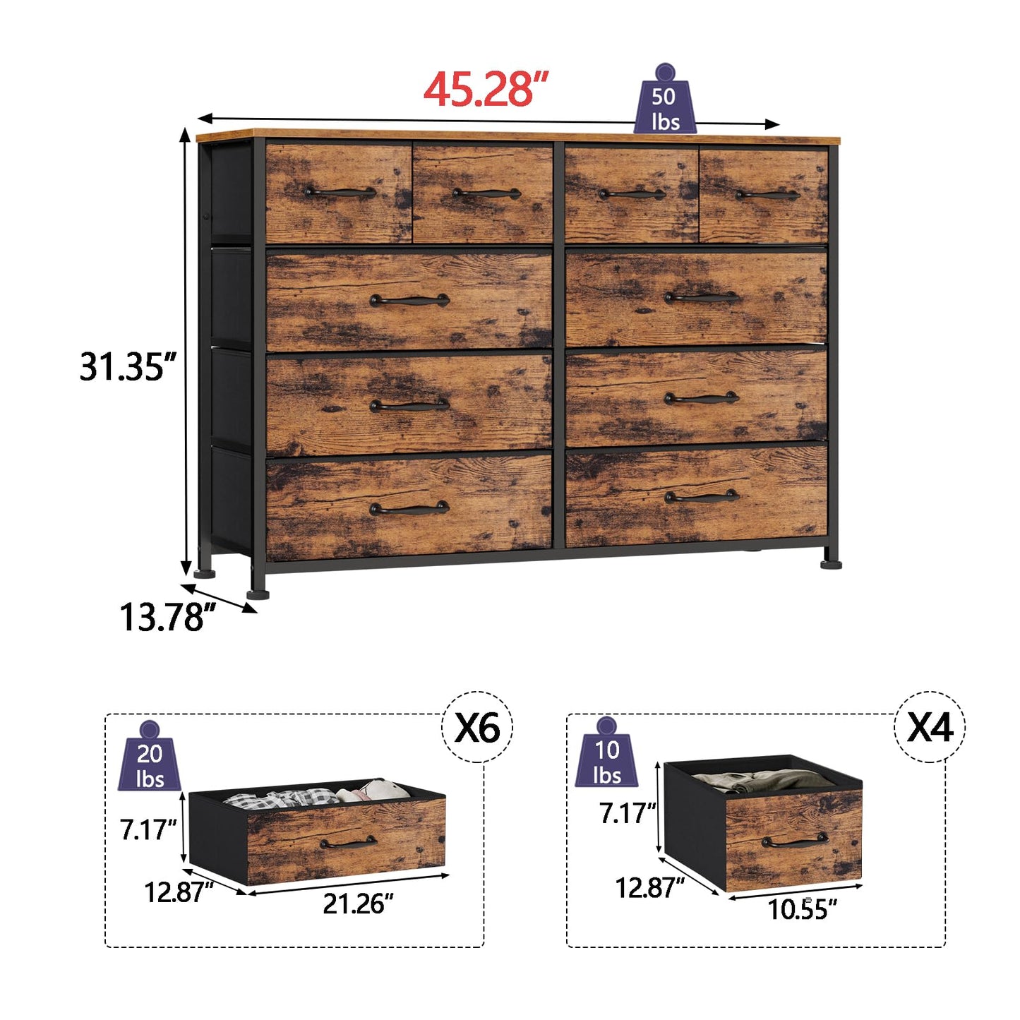 Furnulem 10 Drawer Dresser for Bedroom, Large Dresser for 55'' Long TV Stand,Storage Organizer for Closet, Living Room, Entryway, Fabric Bins, Wood Top, Metal Frame(Rustic Brown) - WoodArtSupply