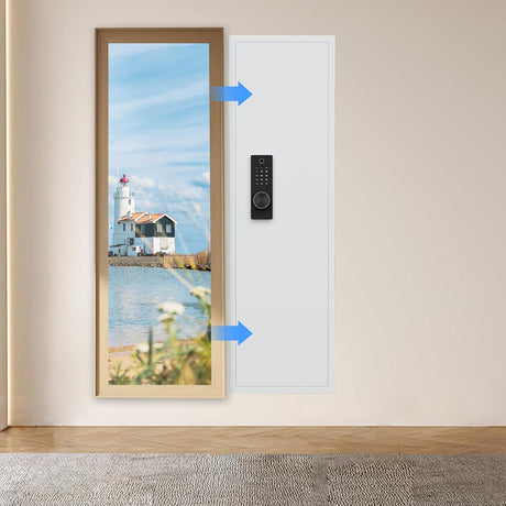 53" Tall Hidden Wall Safe with Fingerprint Lock - Fireproof & Waterproof, Dual Alarm System, 3 Adjustable Shelves, Magnetic Slot & Key Hooks - Modern White Steel Construction opentiny
