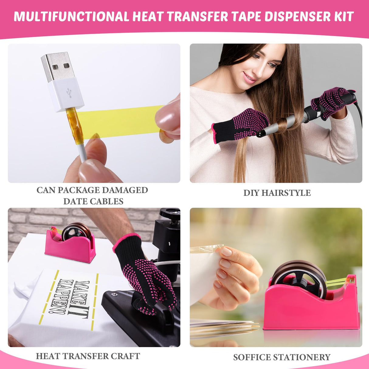 Kosiz 20 Pcs Heat Tape Dispenser Set 2 Heat Resistant Gloves with Silicone Bumps 6 Multi Size Heat Tape for Sublimation Mini Cutter Pen Set Nonskid Weighted Base Tape Holder for Heat Press (Rose Red) Kosiz