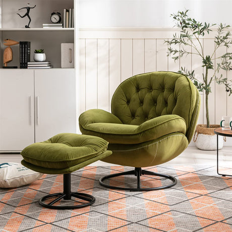 TRIPLE TREE Modern Swivel Accent Chair, Mid-Century Lounge Chair and Ottoman Set, Velvet Upholstered Button Tufted Recliner Chair, Reading Chair with Footrest for Living Room Indoor Bedroom, Green TRIPLE TREE