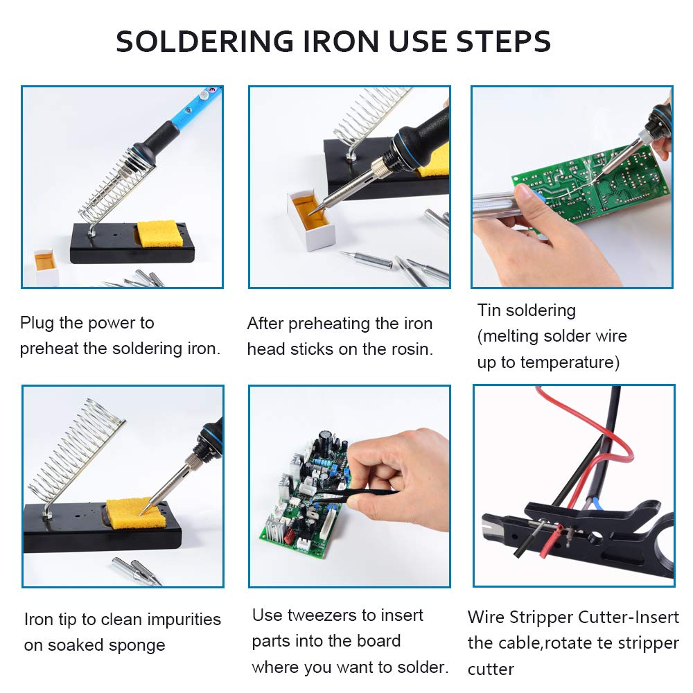Soldering Iron, Soldering Iron Kit Electronics, 60W Adjustable Temperature Welding Tool, 5pcs Soldering Iron Tip, Soldering Iron Stand, Desoldering Pump, Tweezers, Solder Wire, Rosin, Carry Bag HANDSKIT