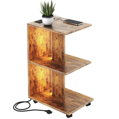 Wooden Nightstand with Charging Station & Led Lights, 3 Tier End Table with Wheels Storage Shelves, Sturdy Bedside Tables Side Table for Living Room Bedroom Home Office, Easy Assembly, Rustic Brown